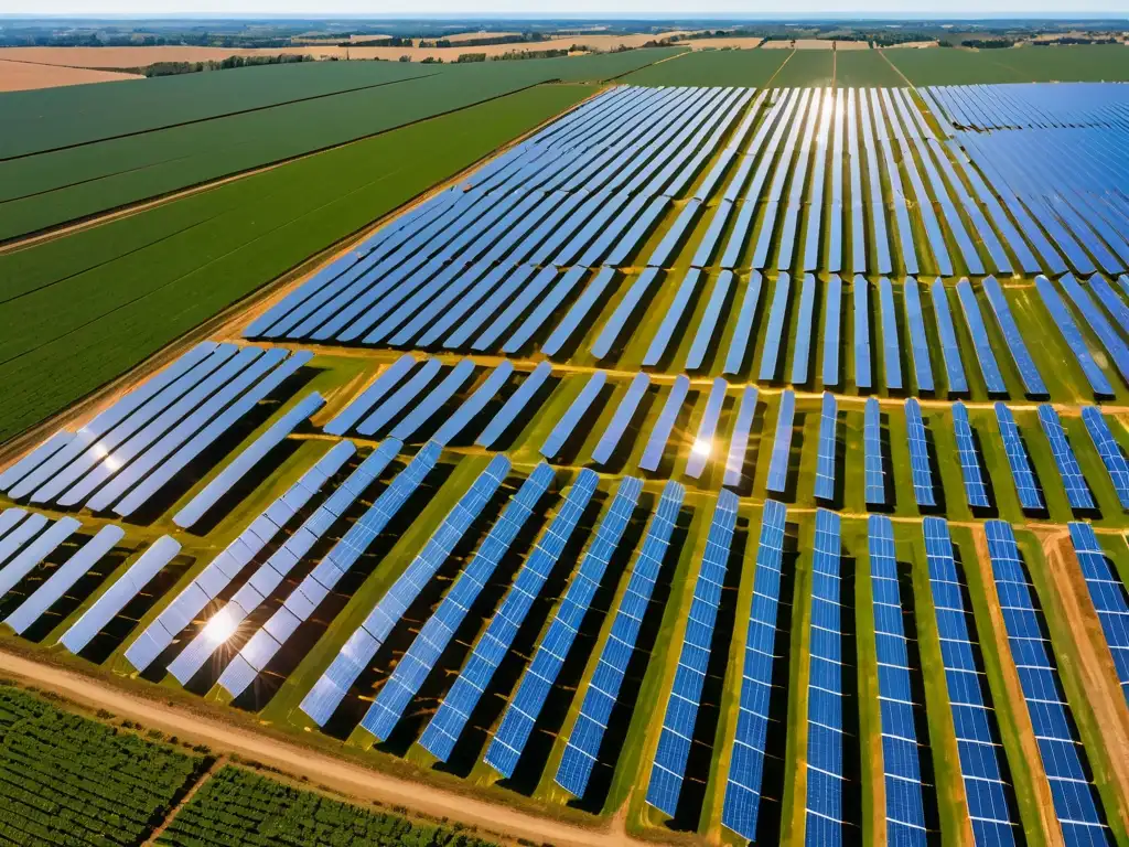 Vista panorámica de una extensa granja solar con paneles relucientes bajo el sol