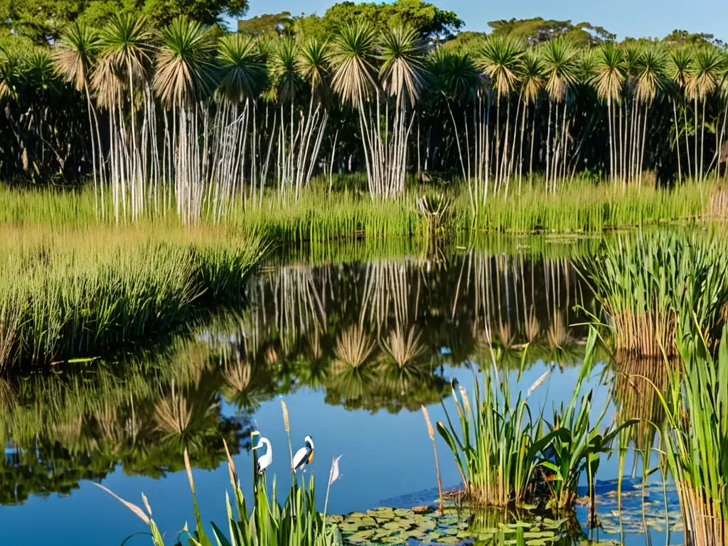 Vista panorámica de un exuberante humedal en convención Ramsar, con aves acuáticas y un tranquilo estanque reflejando el cielo azul