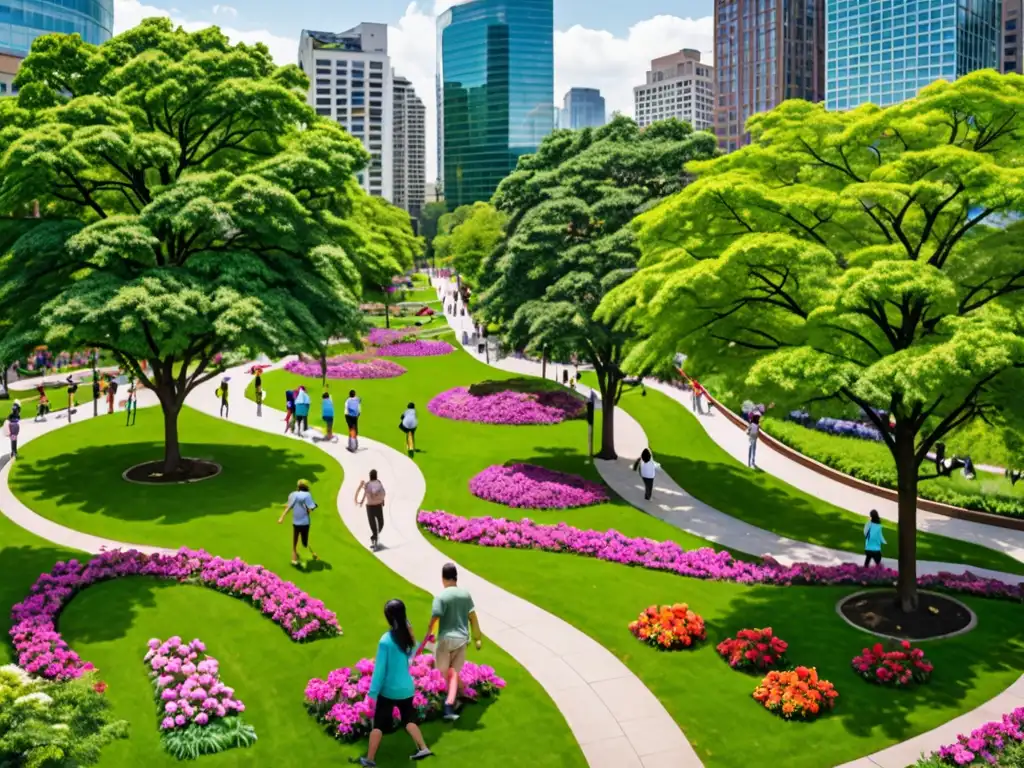 Vista panorámica de un exuberante parque urbano con diversa vegetación, árboles altos, flores coloridas y senderos serpenteantes