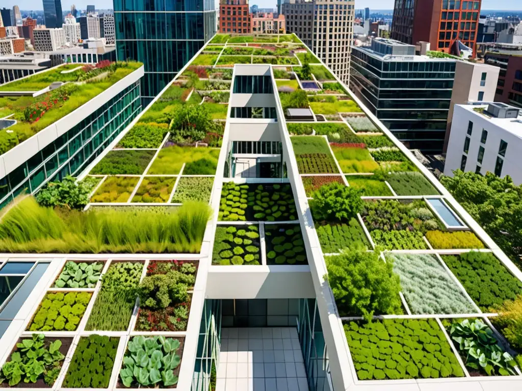 Vista panorámica de un exuberante jardín en el techo de un edificio urbano, mostrando la integración de vegetación