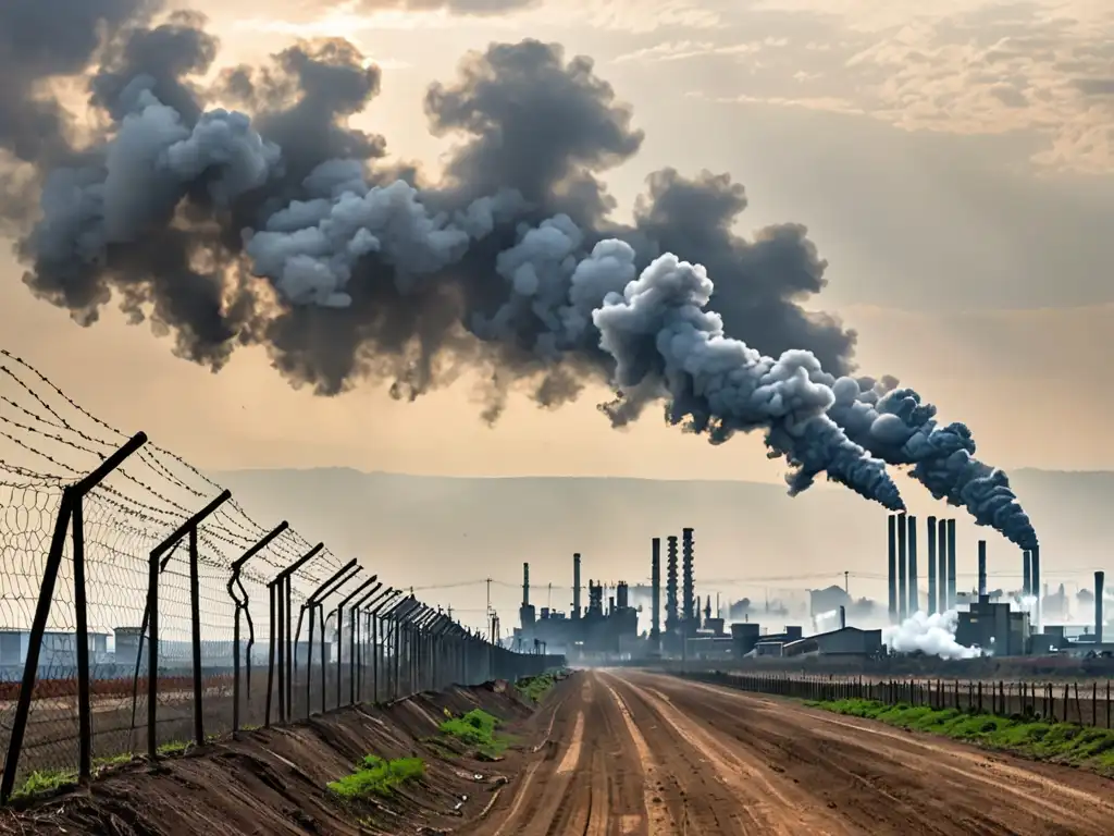 Vista panorámica de una fábrica humeante en la frontera, con contaminación gris cruzando la frontera