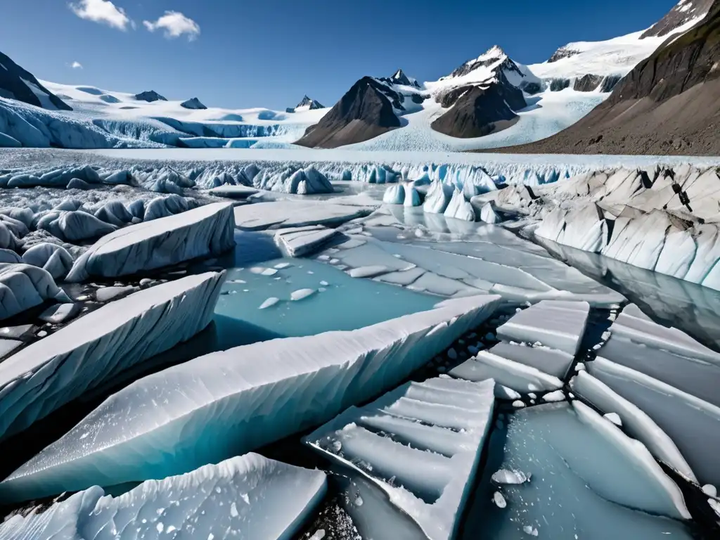 Vista panorámica de un glaciar derritiéndose, con detalles cristalinos de formaciones de hielo, mostrando el impacto dramático del cambio climático