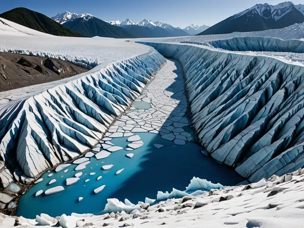 Vista panorámica de un glaciar derritiéndose, con hielo azul intenso contrastando con la nieve blanca y montañas rocosas