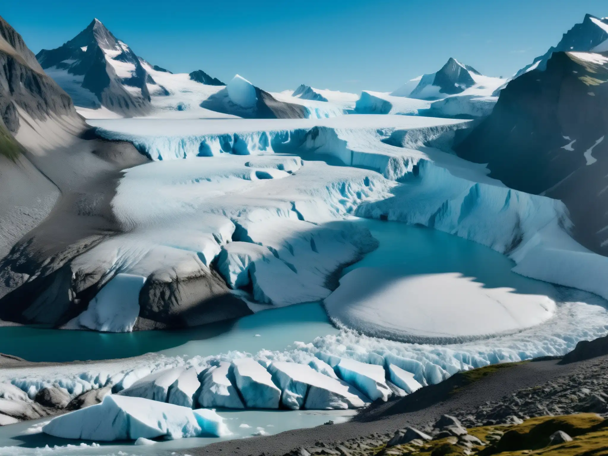 Vista panorámica de un glaciar retrocediendo rápidamente, destacando el impacto global del derecho ambiental en el paisaje glacial y rocoso