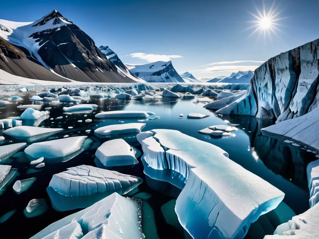 Vista panorámica de glaciares derritiéndose en el Ártico, mostrando los efectos del cambio climático