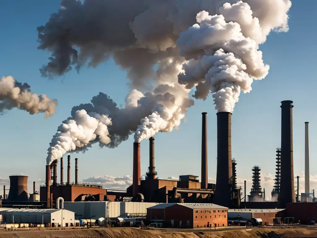 Vista panorámica de una gran área industrial con chimeneas humeantes que dominan el horizonte, transmitiendo la urgencia de la reducción de emisiones contaminantes