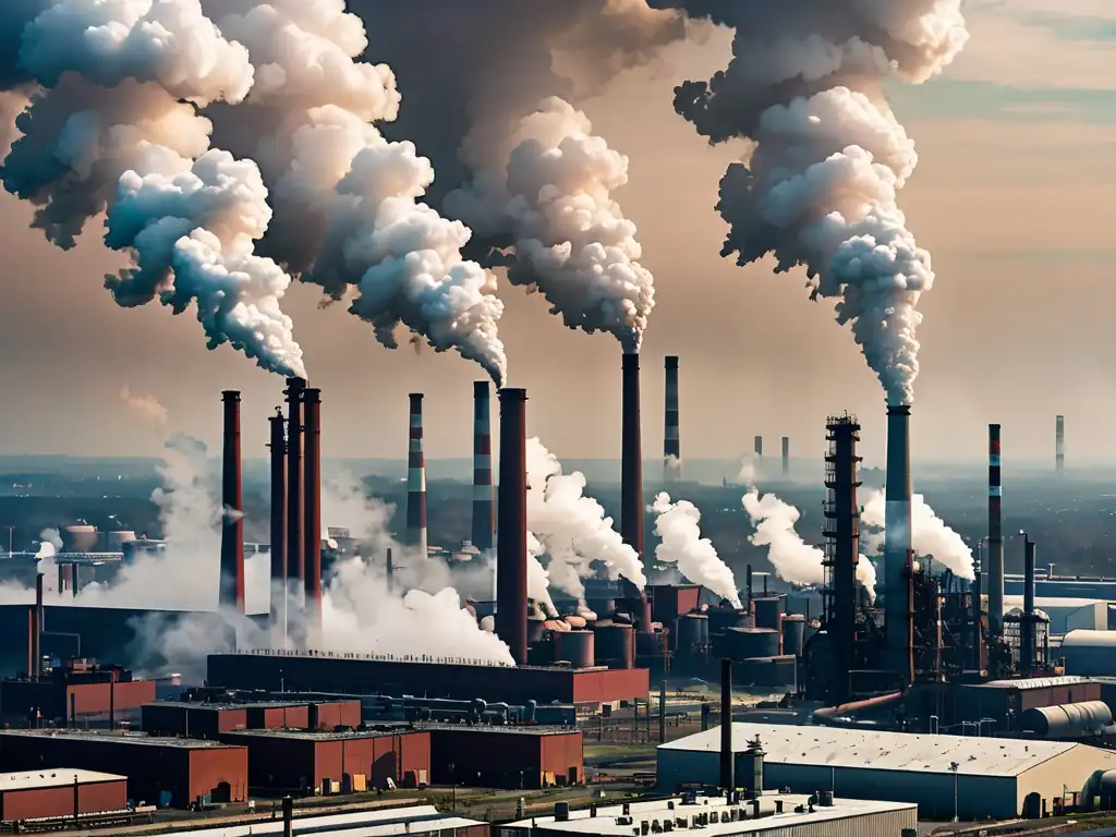 Vista panorámica de una gran área industrial con altas chimeneas emitiendo densas nubes de contaminación, creando un ambiente ominoso