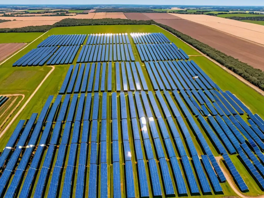 Vista panorámica de una gran granja solar con paneles relucientes bajo el sol, destacando oportunidades financiamiento proyectos energías renovables