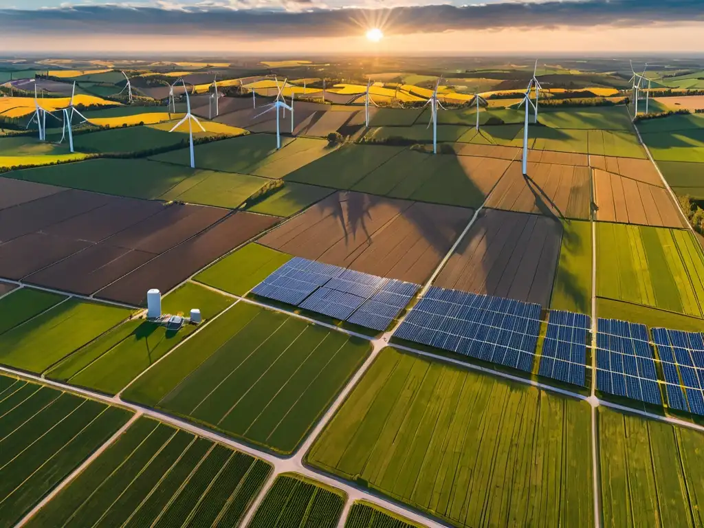 Vista panorámica de gran resolución de campos de energía renovable en Europa, con la puesta de sol y una red de infraestructura sostenible