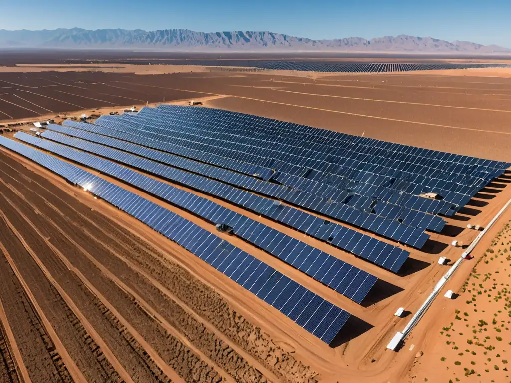 Vista panorámica de una granja solar en el desierto, con paneles relucientes y personal realizando mantenimiento