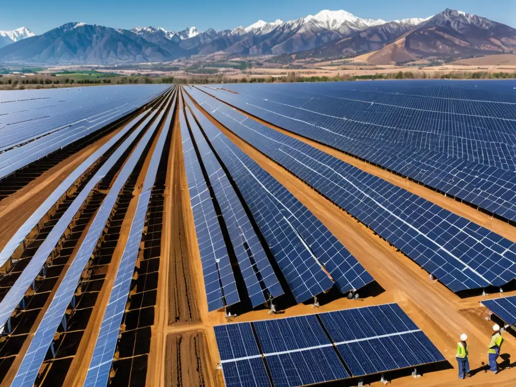 Vista panorámica de granja solar con paneles relucientes, cielo azul y montañas lejanas