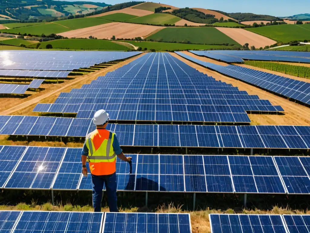 Vista panorámica de una granja solar vibrante en colinas, con paneles fotovoltaicos brillando al sol