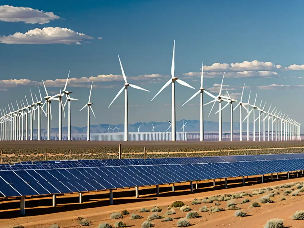 Vista panorámica de granja solar y parque eólico en desierto, simbolizando potencial de energía renovable en el país