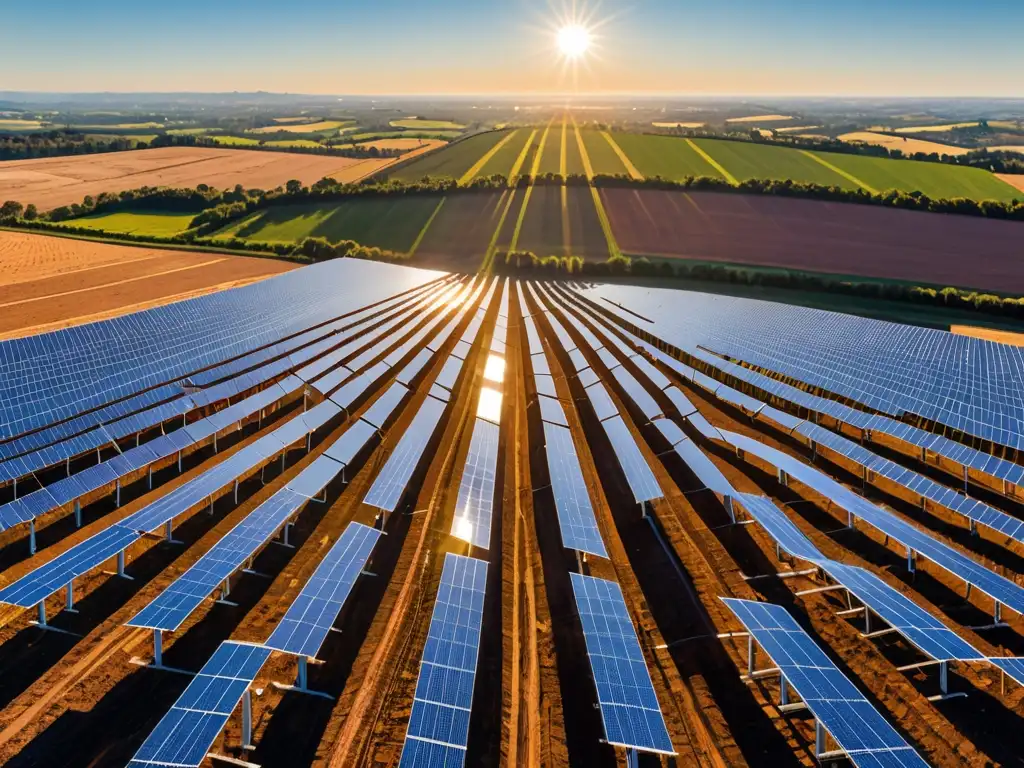 Vista panorámica de una granja solar al amanecer con paneles fotovoltaicos creando un patrón geométrico