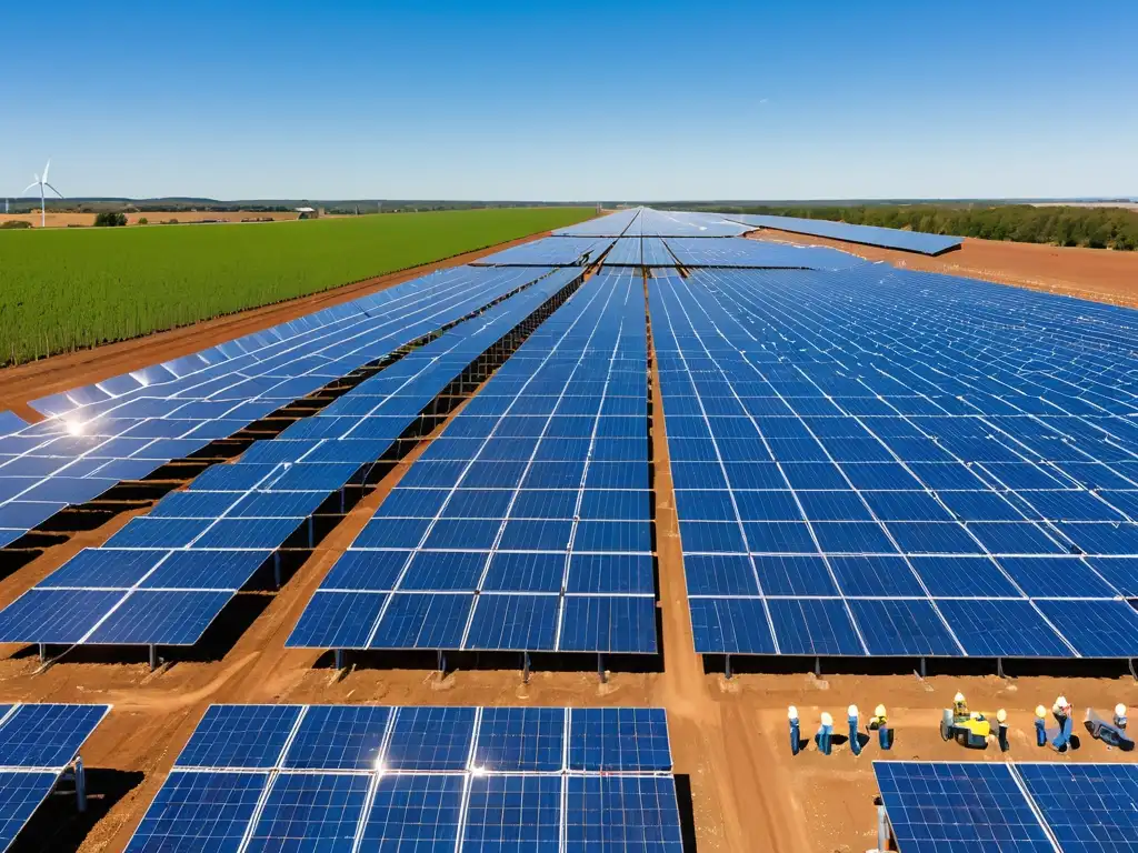 Vista panorámica de una granja solar moderna con paneles brillantes bajo un cielo azul