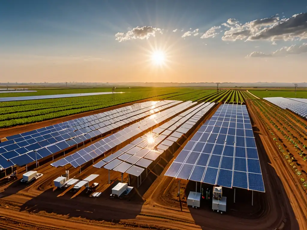 Vista panorámica de granja solar en país en desarrollo, con paneles relucientes bajo el sol