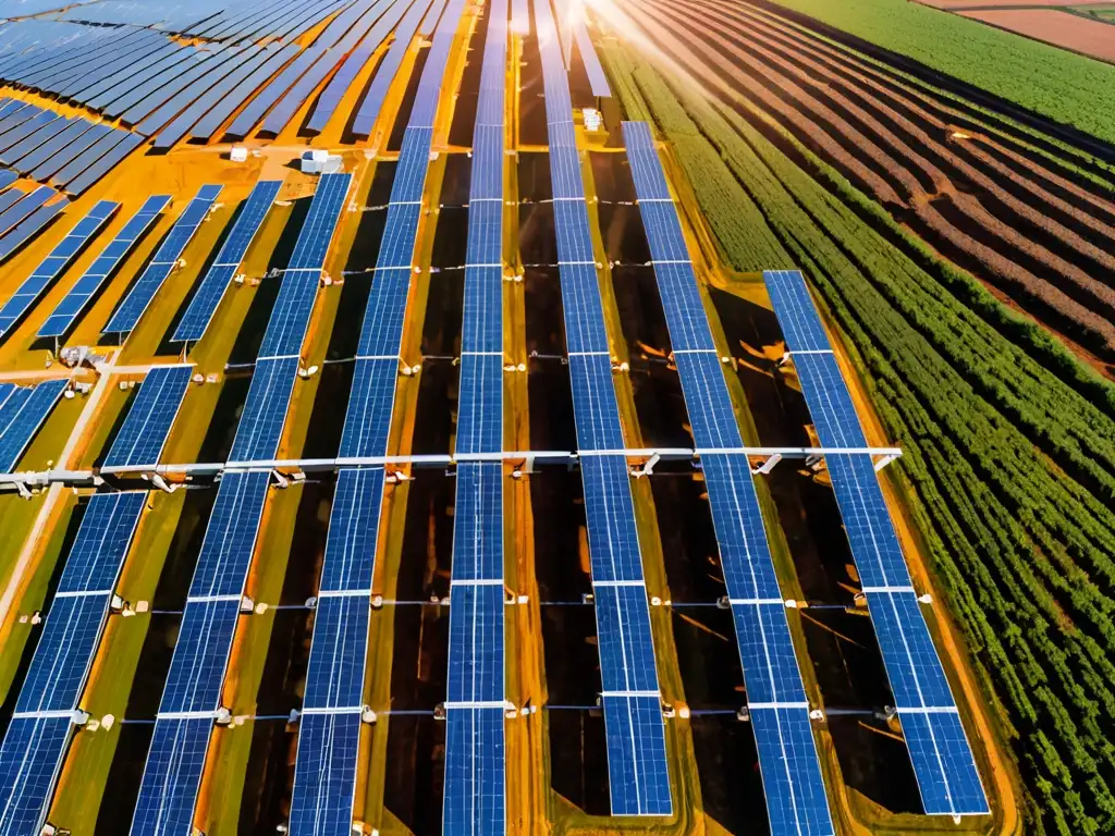 Vista panorámica de una granja solar, ingenieros inspeccionando paneles solares, destacando el impacto global y la legislación de energías renovables