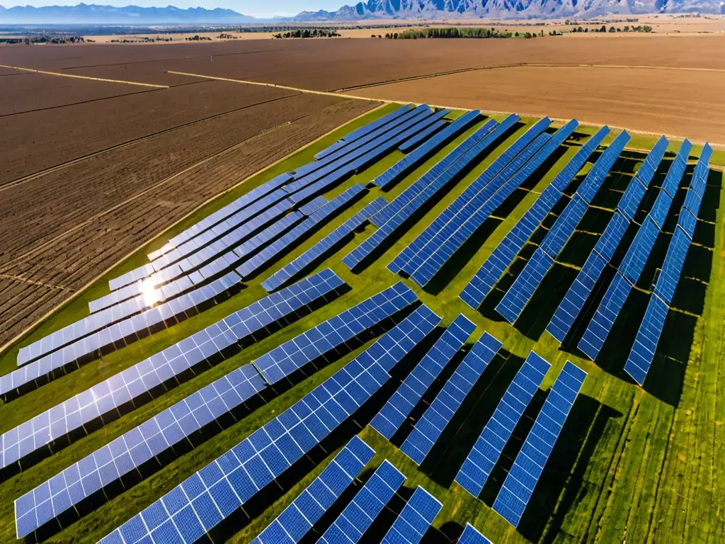 Vista panorámica de granja solar con paneles intercalados bajo el sol