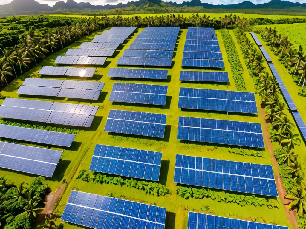 Vista panorámica de una granja solar en Micronesia, con paneles fotovoltaicos brillando bajo el sol tropical