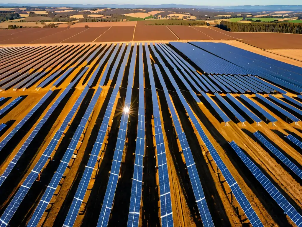 Vista panorámica de una granja solar al amanecer, con paneles solares en filas bajo un cielo azul claro