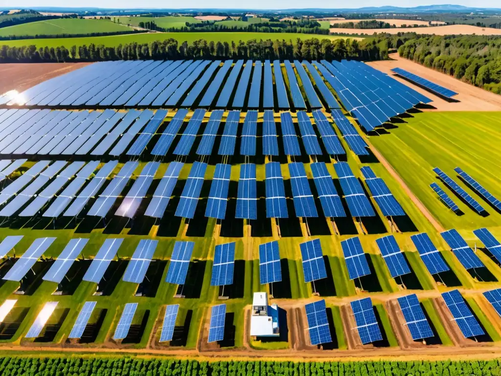 Vista panorámica de granja solar con paneles relucientes bajo el sol, técnicos realizan mantenimiento