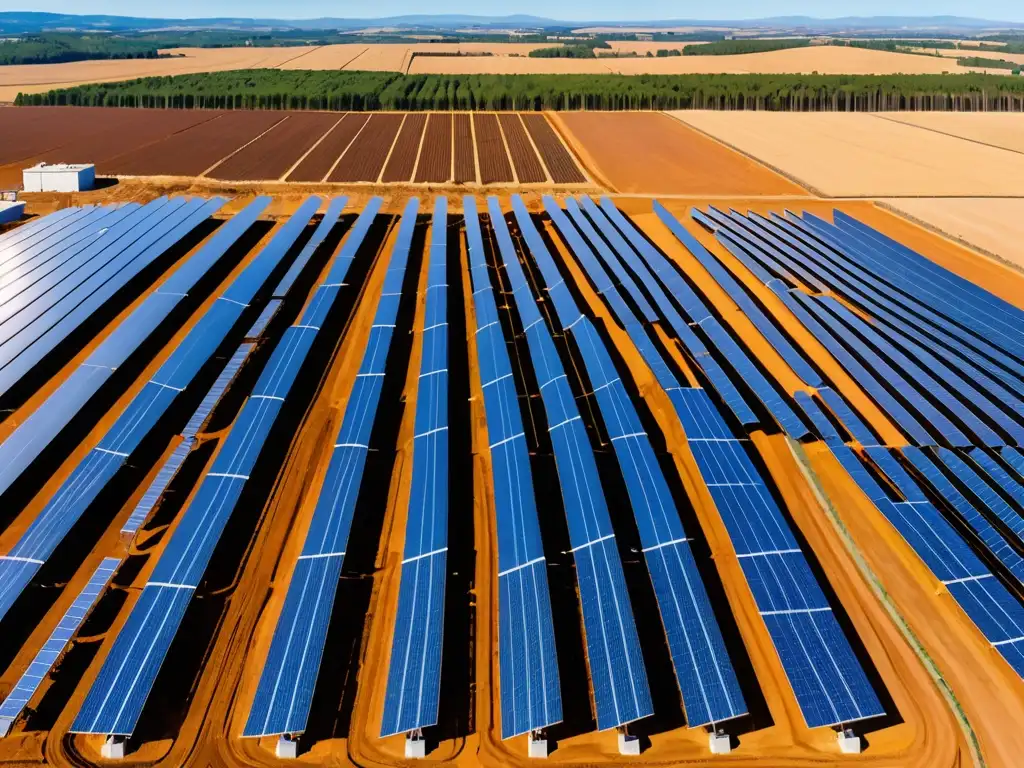 Vista panorámica de una granja solar con paneles fotovoltaicos bajo un cielo azul