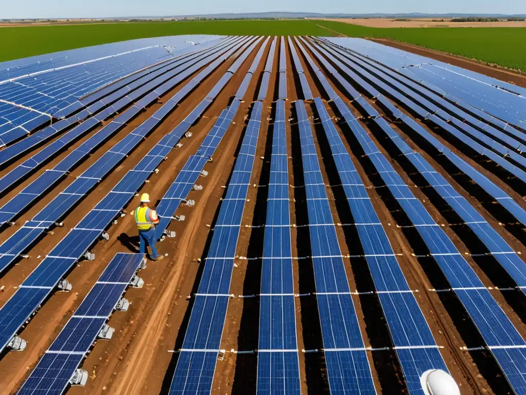 Vista panorámica de una granja solar con paneles fotovoltaicos brillando bajo el cielo azul