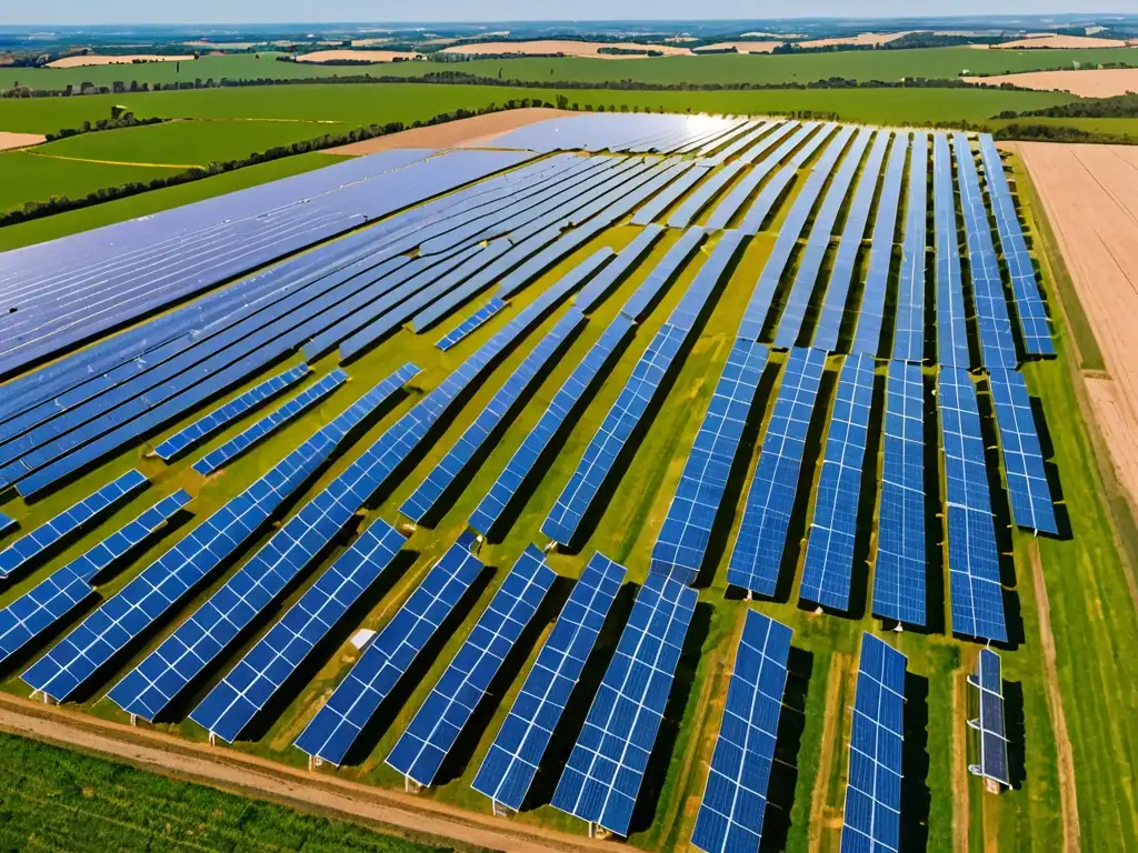 Vista panorámica de una granja solar con paneles relucientes bajo el cielo azul