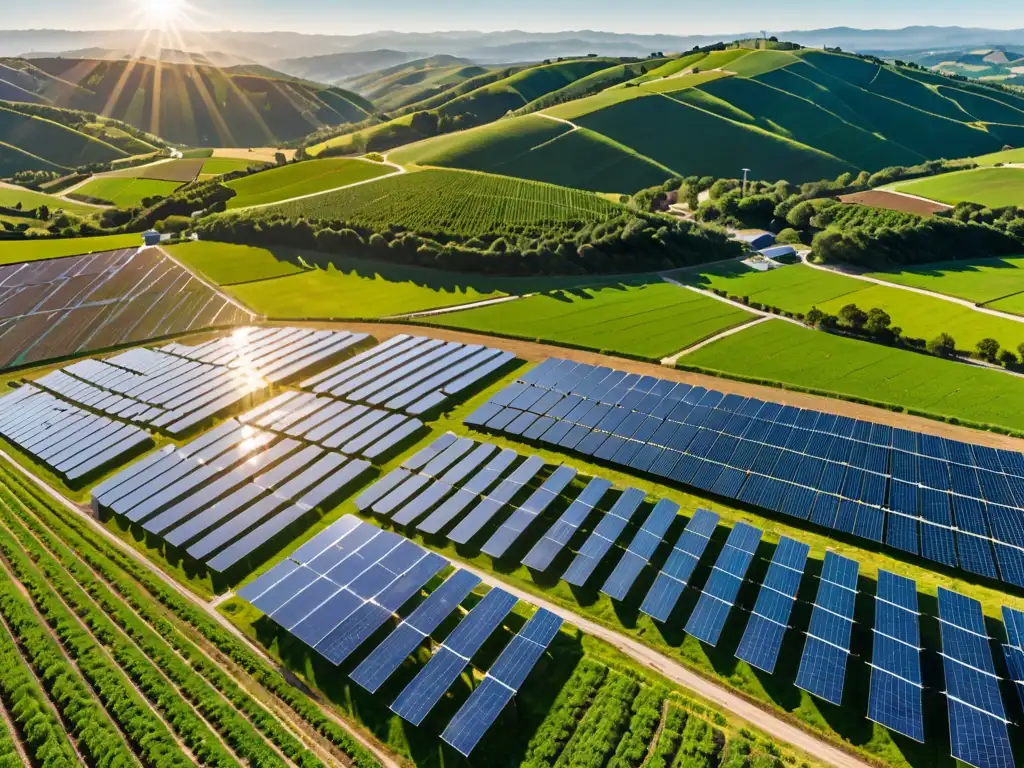 Vista panorámica de una granja solar con paneles relucientes en un paisaje de colinas verdes