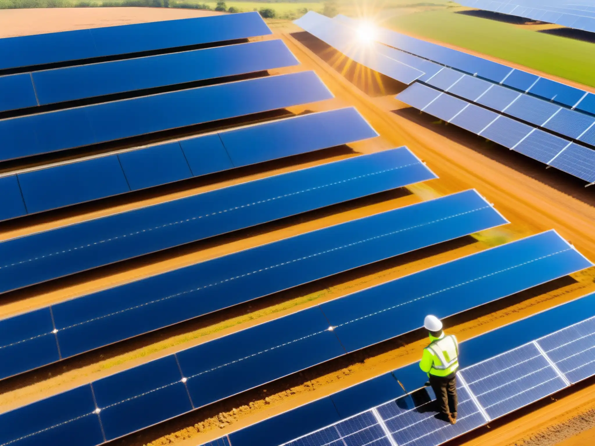 Vista panorámica de granja solar con técnico inspeccionando panel, resalta importancia de leyes energía renovable