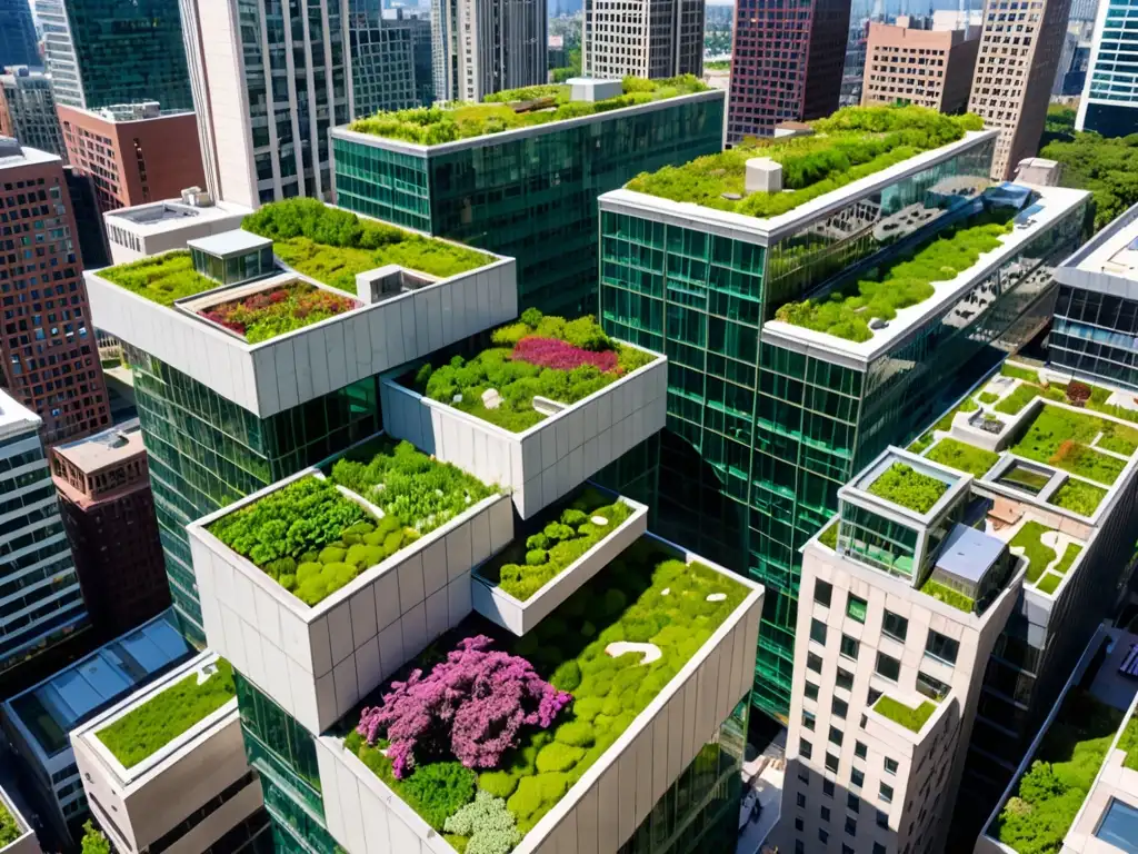 Vista panorámica de un horizonte urbano moderno con techos verdes vibrantes, integrando la naturaleza en la ciudad