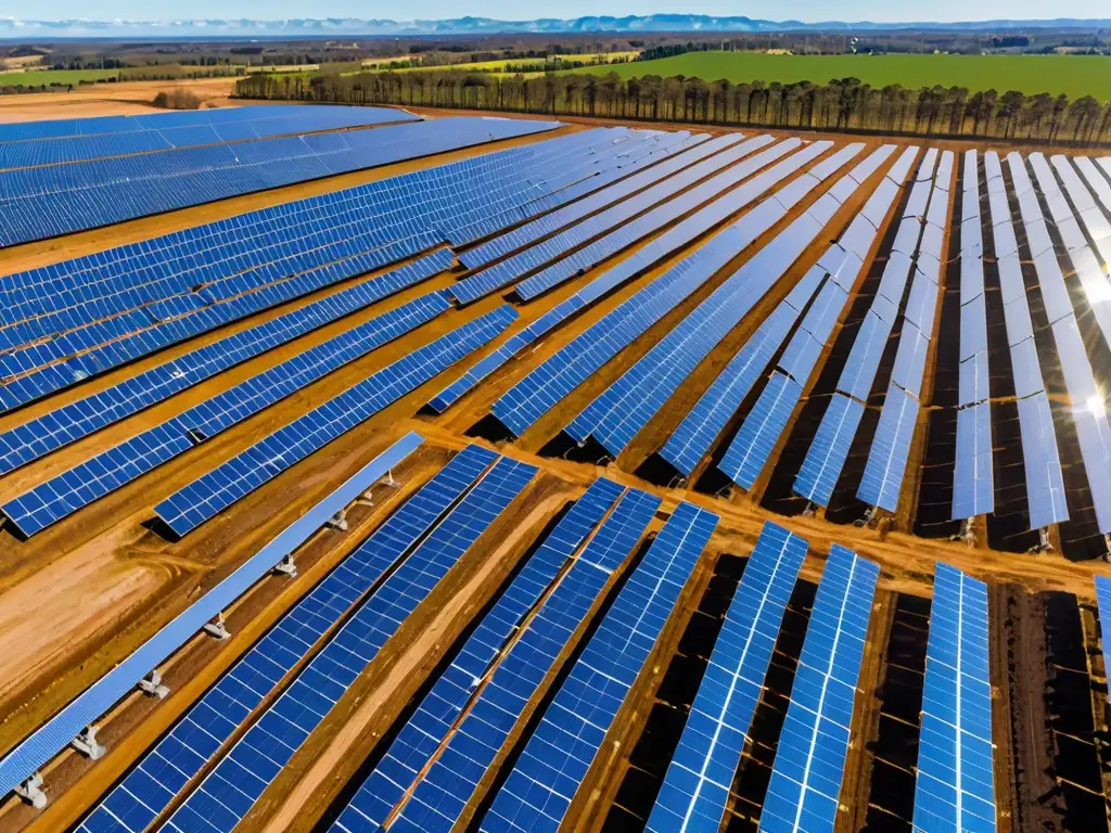 Una vista panorámica de una inmensa granja solar con filas de paneles solares que se extienden hacia el horizonte bajo un cielo azul claro