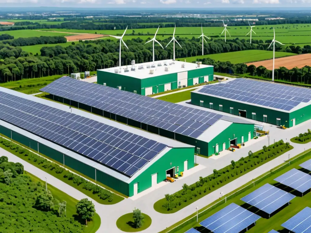 Vista panorámica de una instalación industrial moderna con paneles solares en el techo, turbinas eólicas al fondo y vegetación exuberante