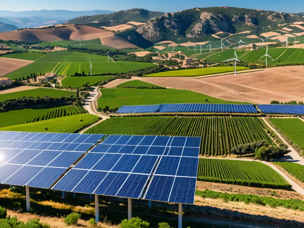 Vista panorámica de la integración de energías renovables en red eléctrica en el paisaje español, con paneles solares y molinos de viento