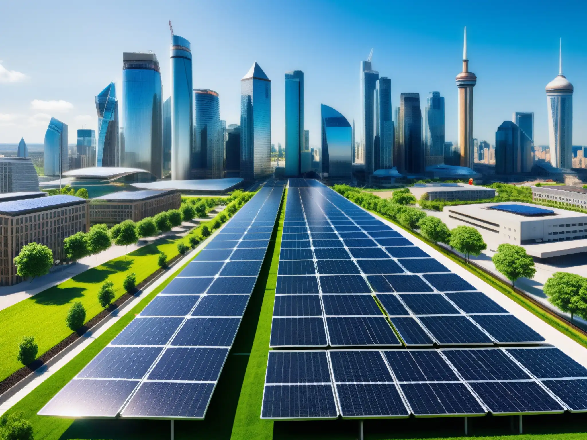 Energía renovable en la ciudad: armonía urbana sostenible Vista panorámica de la integración de energías renovables en la ciudad, destacando la armonía entre tecnología y diseño urbano sostenible