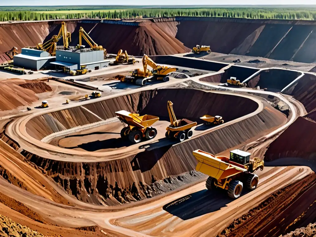 Vista panorámica de una mina, maquinaria pesada y trabajadores en el paisaje