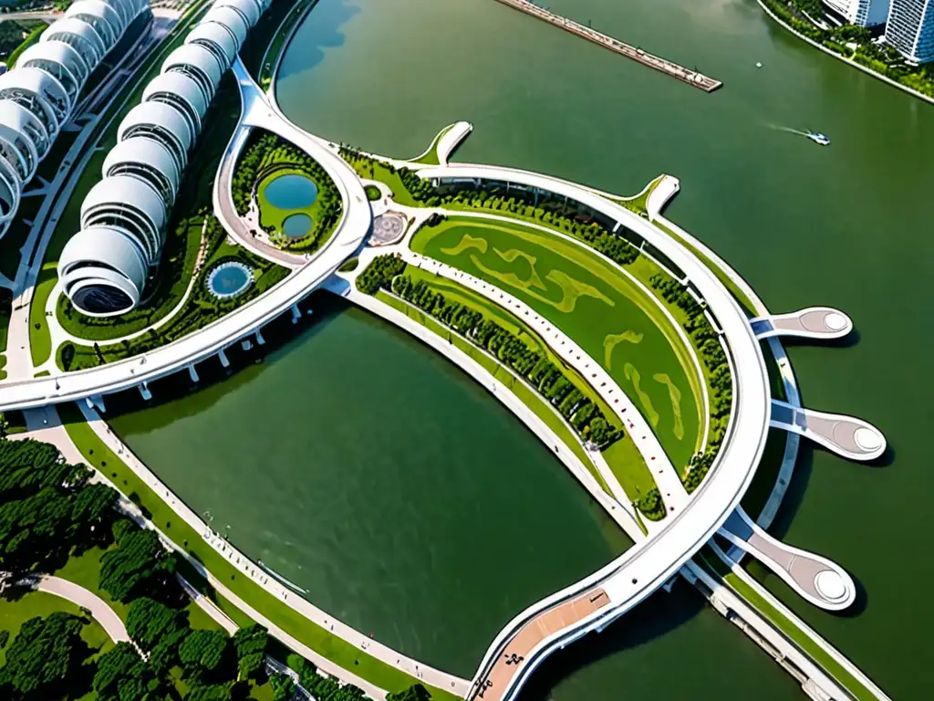 Vista panorámica de la Marina Barrage en Singapur, con su moderna arquitectura, agua reluciente y visitantes disfrutando de las instalaciones