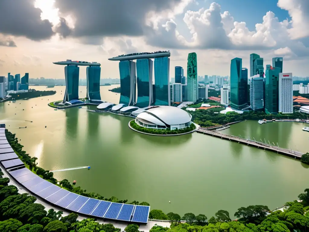 Vista panorámica de Singapur, con moderna arquitectura, vegetación exuberante y tecnología verde