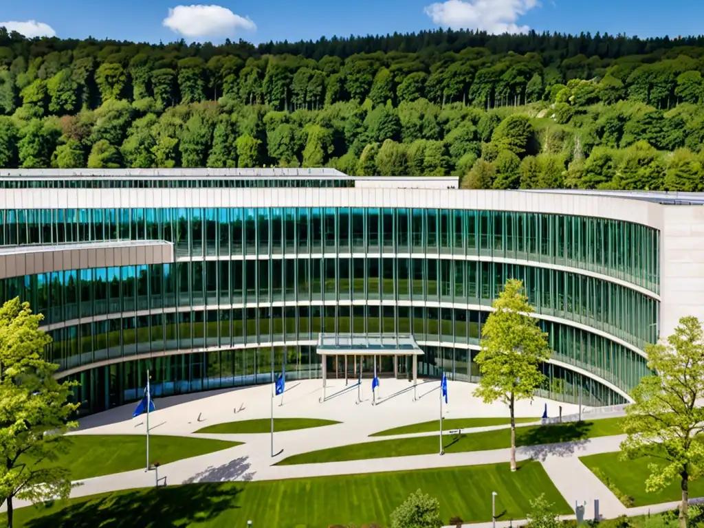 Vista panorámica de la moderna arquitectura de la Corte Europea de Justicia en Luxemburgo, reflejando la integración con el entorno