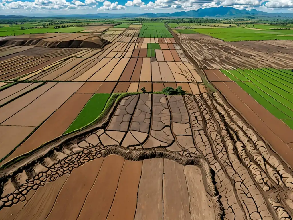 Vista panorámica de paisaje agrícola en Latinoamérica, ilustra consecuencias legales de agricultura insostenible