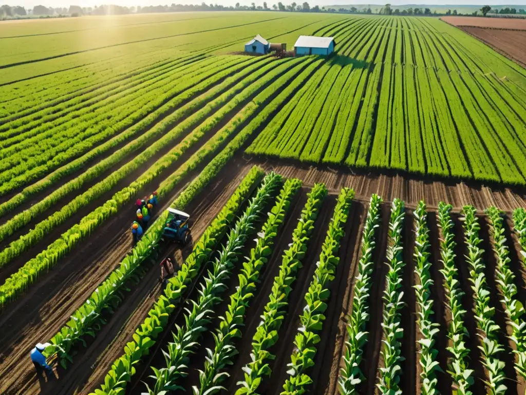 Vista panorámica de un paisaje agrícola exuberante con cultivos verdes, trabajadores y prácticas ecoamigables