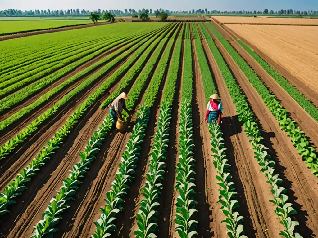 Vista panorámica de un paisaje agrícola exuberante y vibrante, con agricultores trabajando en los campos