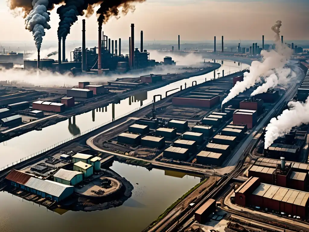 Vista panorámica de un paisaje industrial contaminado, con smog denso sobre las fábricas y un río lleno de desechos tóxicos