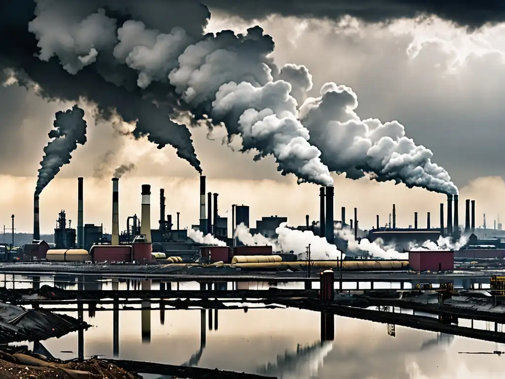 Vista panorámica de un paisaje industrial contaminado con chimeneas humeantes y charcos de residuos tóxicos