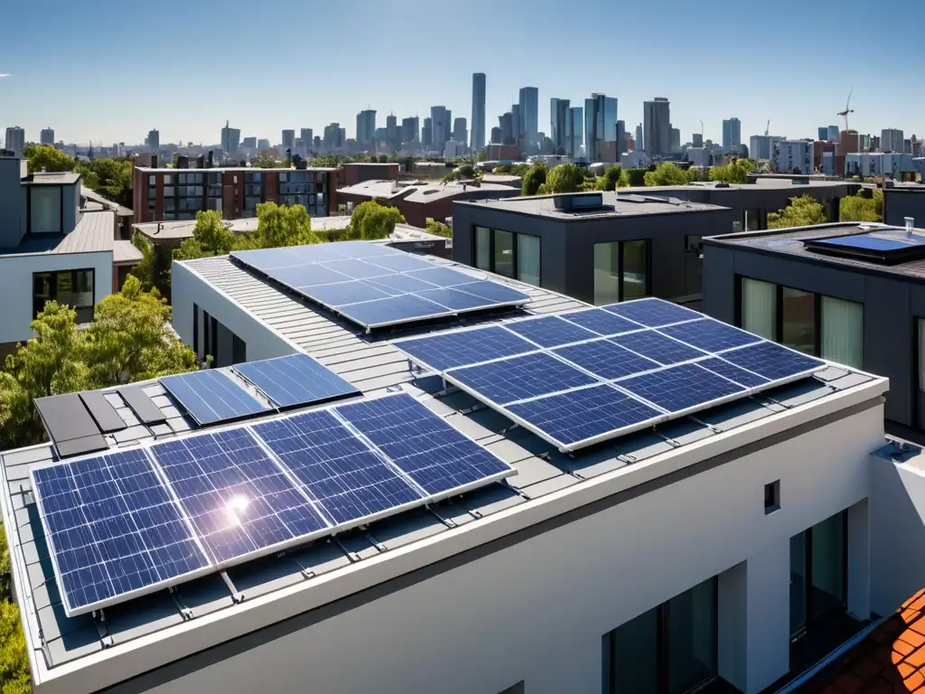 Vista panorámica de paneles solares en un tejado urbano, destacando la integración de energía sostenible en la ciudad