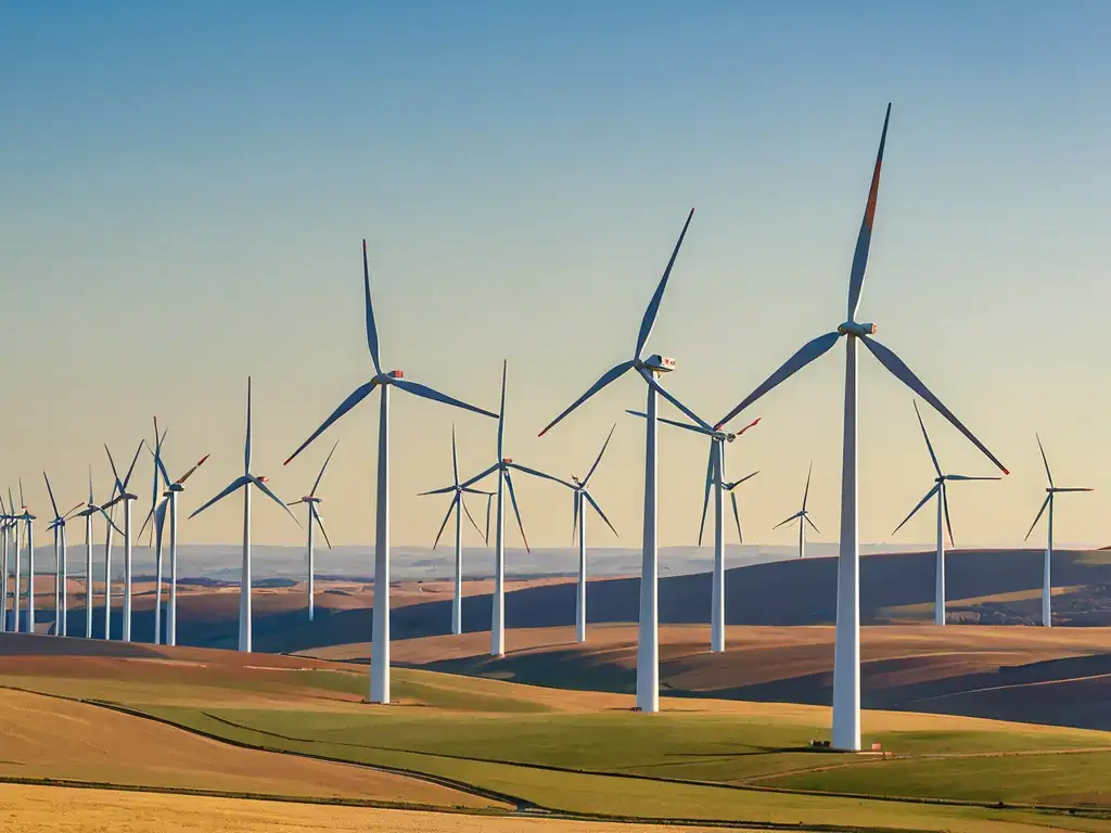 Vista panorámica de un parque eólico en un amplio paisaje, con turbinas altas captando la energía del viento