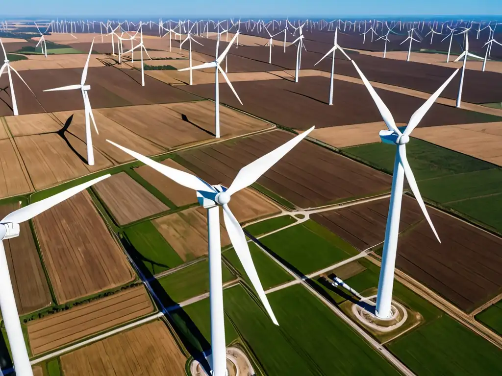 Vista panorámica de un parque eólico en un vasto paisaje natural, mostrando la armonía entre la tecnología renovable y el entorno