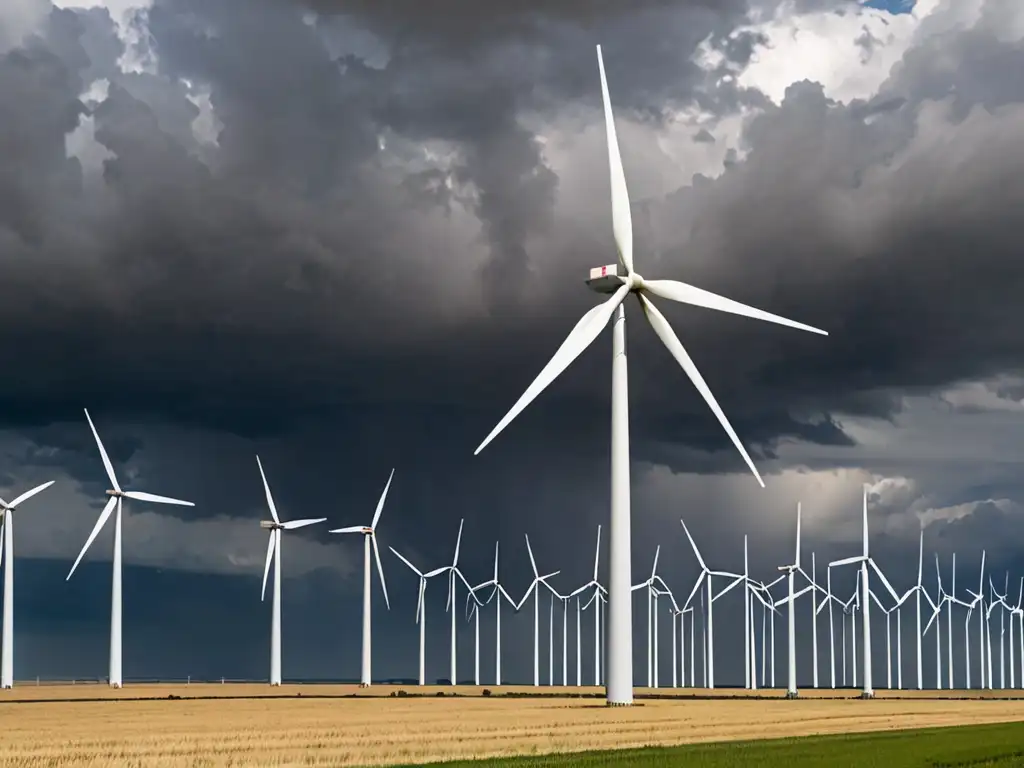 Vista panorámica de un parque eólico con turbinas en movimiento, destacando el impacto ambiental positivo de la energía eólica