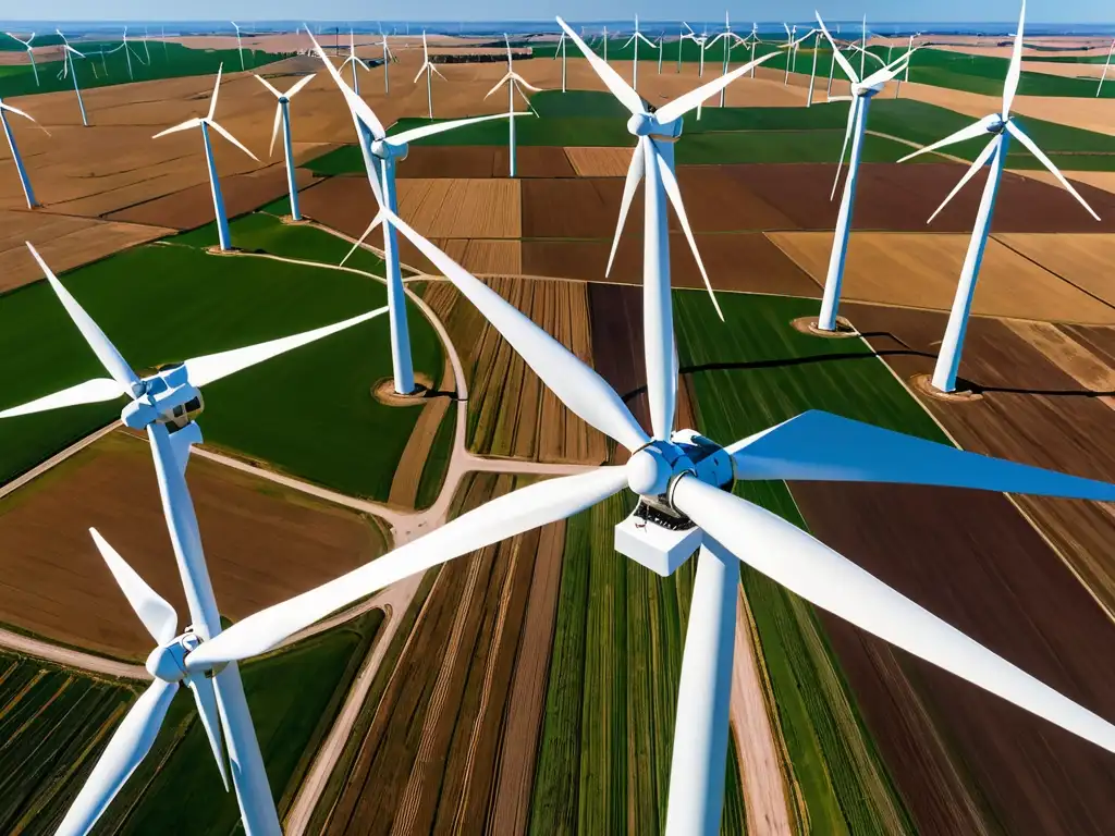 Vista panorámica de un parque eólico en América Latina, con turbinas en movimiento capturando la energía del viento