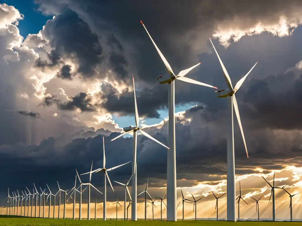 Vista panorámica de un parque eólico bajo un cielo dramático y soleado, reflejando la escala y modernidad de la energía renovable